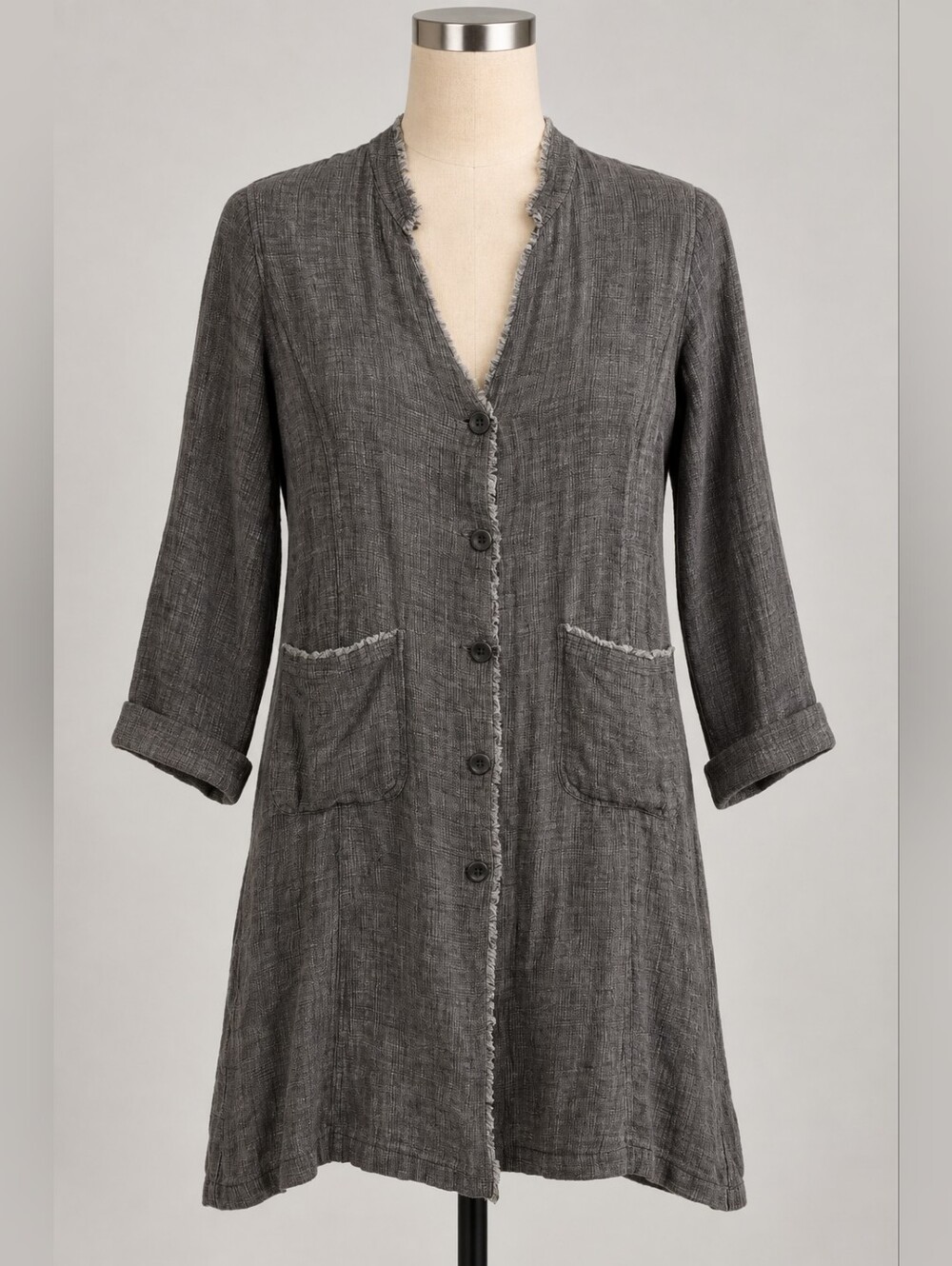 Eileen Fisher Textured Linen Blend Long Jacket Grey Button Front Size Medium
